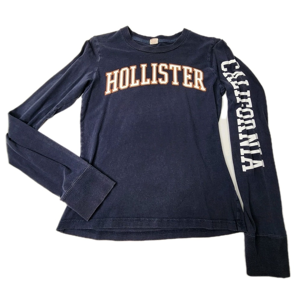 Hollister Vintage Y2K Women's Large Blue Long Sleeve T-Shirt Logo Spelled Out